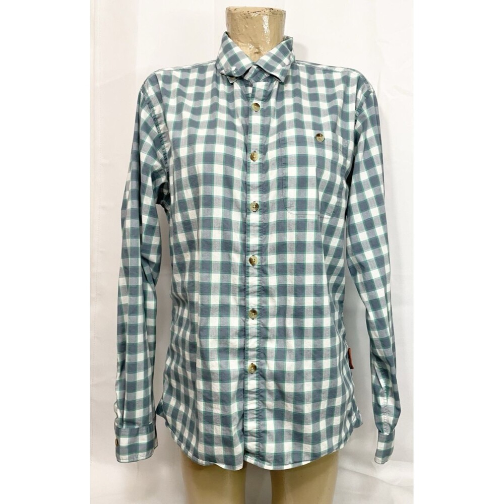 Grundens Shirt M Medium 44” Button Down Long Sleeve Casual Work Green White